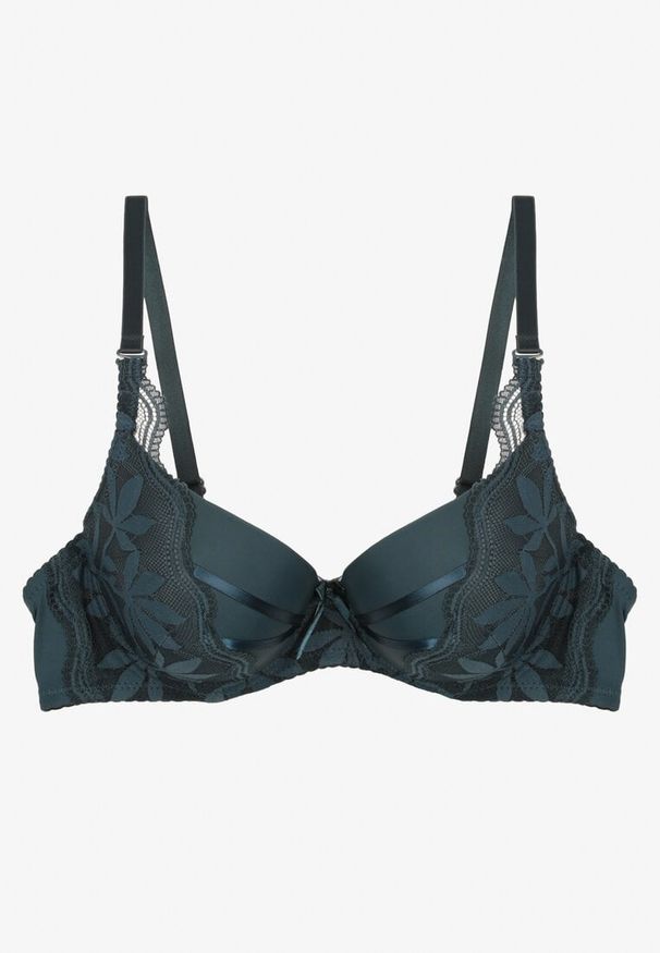 Renee - Ciemnozielony Biustonosz Full Cup Ozdobiony Koronką Moassis. Kolor: zielony. Materiał: koronka. Wzór: aplikacja, koronka