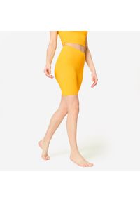 DOMYOS - Legginsy fitness damskie Domyos krótkie. Stan: podwyższony. Kolor: pomarańczowy, wielokolorowy, żółty. Materiał: poliamid, materiał, elastan. Długość: krótkie. Sport: fitness