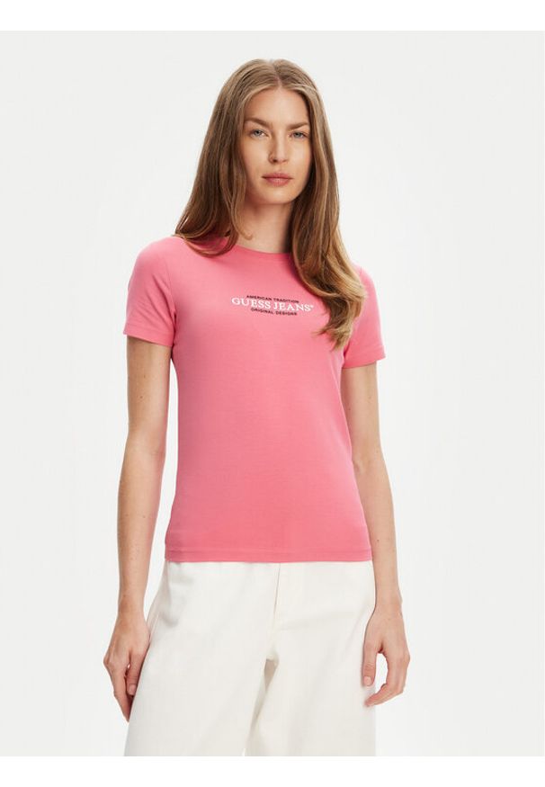 Guess Jeans T-Shirt W4YI03 J1314 Różowy Slim Fit. Kolor: różowy. Materiał: bawełna