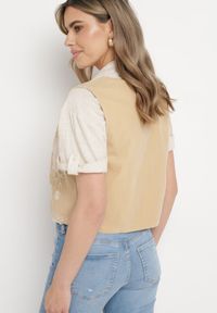 Born2be - Beżowa Welurowa Kamizelka z Ozdobnymi Haftami i Koralikami Hillse. Kolor: beżowy. Materiał: welur. Wzór: haft #7