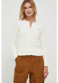 Polo Ralph Lauren kardigan bawełniany kolor beżowy. Typ kołnierza: polo. Kolor: beżowy. Materiał: bawełna. Długość rękawa: długi rękaw. Długość: długie. Wzór: ze splotem