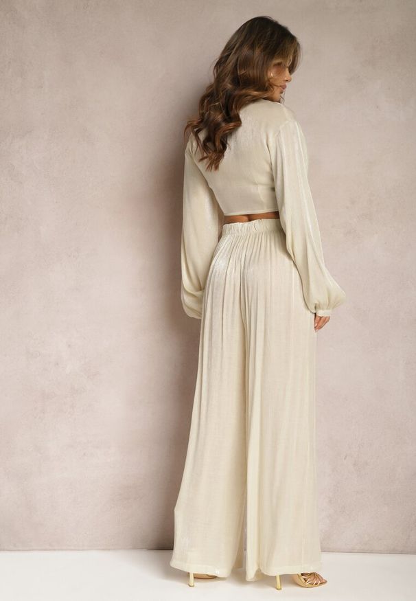 Renee - Beżowy Komplet Wiązana Koszula z Luźnym Rękawem i Szerokie Spodnie Aphina. Kolor: beżowy