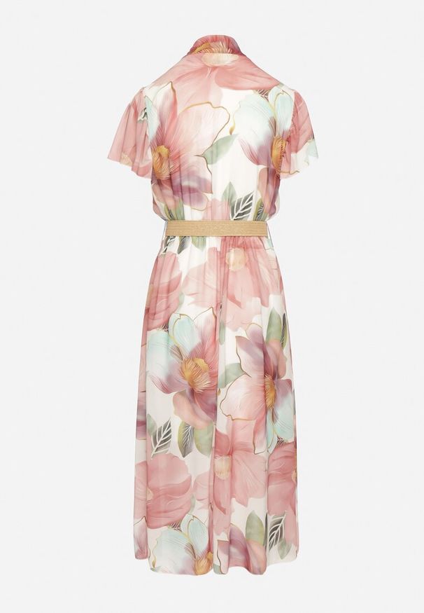 Born2be - Różowa Sukienka o Rozkloszowanym Kroju z Wiązaniem przy Dekolcie i Paskiem Sorilina. Okazja: na co dzień. Kolor: różowy. Długość rękawa: krótki rękaw. Wzór: kwiaty. Styl: casual, elegancki