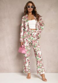 Renee - Różowo-Białe Spodnie w Kwiatowy Print High Waist z Szeroką Nogawką Lastaria. Stan: podwyższony. Kolor: różowy. Materiał: tkanina. Wzór: nadruk, kwiaty #5