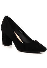 Czółenka zamszowe damskie na słupku czarne Sergio Leone PB414. Kolor: czarny. Materiał: zamsz. Szerokość cholewki: normalna. Obcas: na słupku #1