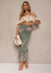 Renee - Ciemnozielona Dopasowana Spódnica z Ozdobną Falbaną Efravaria. Okazja: na spotkanie biznesowe, na co dzień. Kolor: zielony. Styl: casual, elegancki, biznesowy