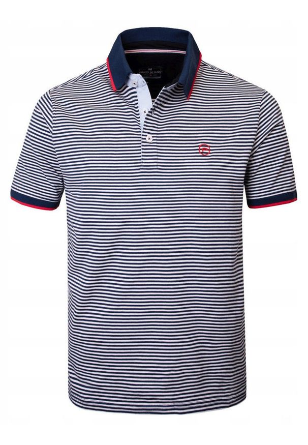 Męska Koszulka Polo - Pako Jeans - Granatowy Prążek. Okazja: na co dzień. Typ kołnierza: polo. Kolor: niebieski. Materiał: bawełna. Wzór: prążki, paski. Styl: casual