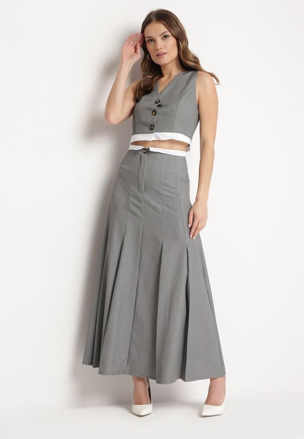 Born2be - Szara Spódnica Maxi Rozkloszowana w Garniturowym Stylu Araxna. Okazja: na co dzień. Kolor: szary. Styl: casual