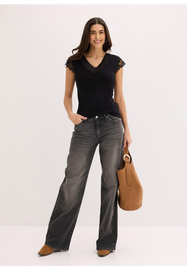 bonprix - T-shirt z miękkiej mieszanki wiskozy. Kolor: czarny. Materiał: wiskoza, koronka. Styl: elegancki