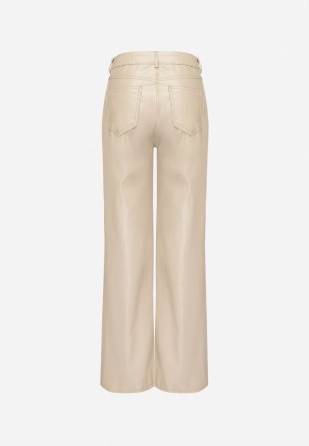 Born2be - Beżowe Spodnie o Szerokim Kroju z Wysokim Stanem z Ekoskóry Enadria. Okazja: na co dzień. Stan: podwyższony. Kolor: beżowy. Sezon: zima. Styl: elegancki, klasyczny, casual