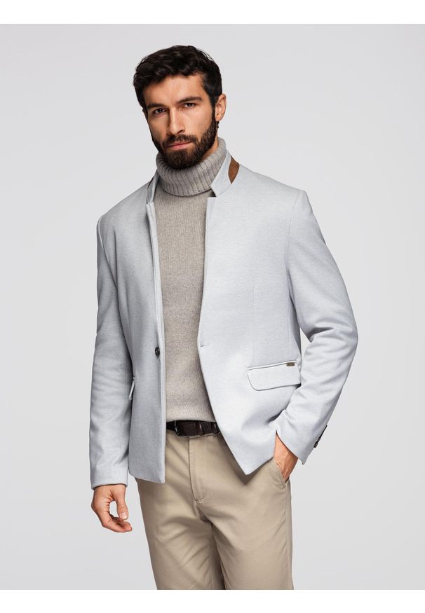 Ombre Clothing - Męska melanżowa marynarka z dodatkiem rayonu ze stójką – szary melanż V4 - Rozmiar: M. Okazja: na co dzień. Typ kołnierza: kołnierzyk stójkowy. Kolor: szary. Materiał: poliester, tkanina, skóra, zamsz, materiał. Wzór: melanż. Styl: casual, klasyczny