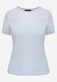 Renee - Jasnoniebieski Bawełniany T-shirt o Dopasowanym Kroju z Prążkowanego Materiału Lailya. Okazja: na co dzień. Kolor: niebieski. Materiał: prążkowany, materiał, bawełna. Wzór: gładki. Styl: casual, klasyczny #7