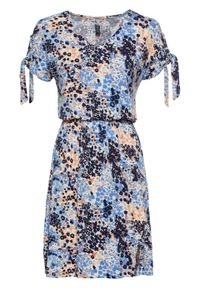 Sukienka shirtowa z efektem założenia kopertowego bonprix ciemnoniebieski w kwiaty. Kolor: niebieski. Wzór: kwiaty. Typ sukienki: kopertowe #1