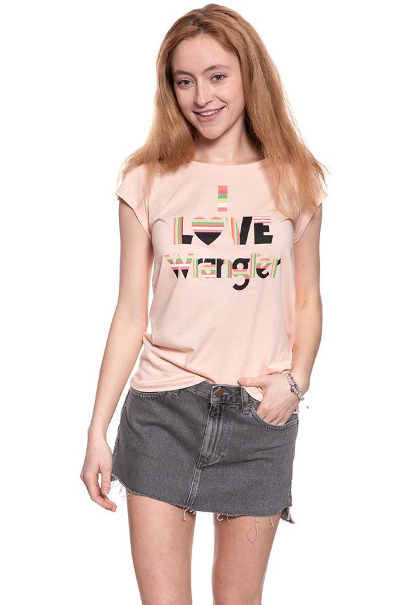 Wrangler - WRANGLER T SHIRT DAMSKI I LOVE TEE PEACH PARFAIT W700LF6UD. Wzór: nadruk