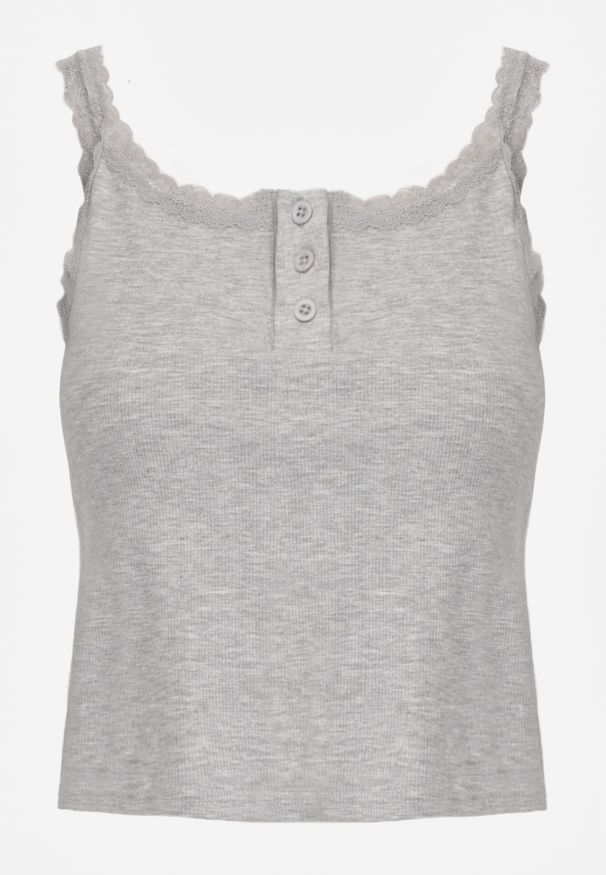 Born2be - Szary Top z Bawełny Ozdobiony Guzikami i Koronką przy Dekolcie Beralie. Okazja: na co dzień. Kolor: szary. Materiał: bawełna, koronka. Wzór: aplikacja, koronka. Styl: casual, elegancki, klasyczny