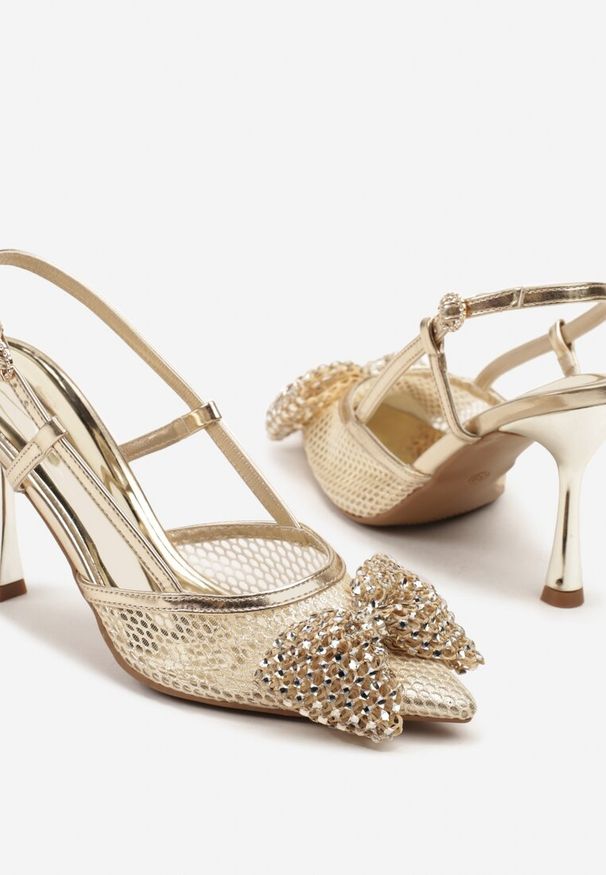 Born2be - Złote Siateczkowe Sandały Vices na Szpilce z Kokardą z Cekinami Reamara. Kolor: złoty. Materiał: jeans. Obcas: na szpilce. Styl: klasyczny