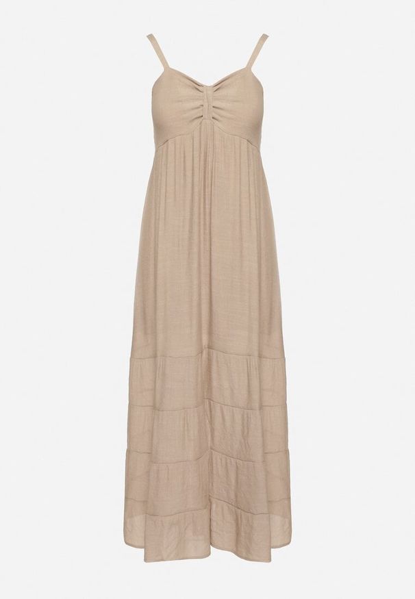 Born2be - Beżowa Sukienka z Bawełną na Regulowanych Ramiączkach z Elastyczną Gumką na Plecach Tinathias. Okazja: na spacer, na co dzień. Kolor: beżowy. Materiał: bawełna. Długość rękawa: na ramiączkach. Sezon: lato. Typ sukienki: proste. Styl: casual, klasyczny