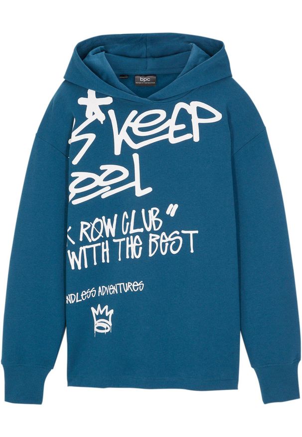 bonprix - Bluza z kapturem z nadrukiem graffiti z czystej bawełny organicznej. Typ kołnierza: kaptur. Kolor: niebieski. Materiał: bawełna. Wzór: nadruk