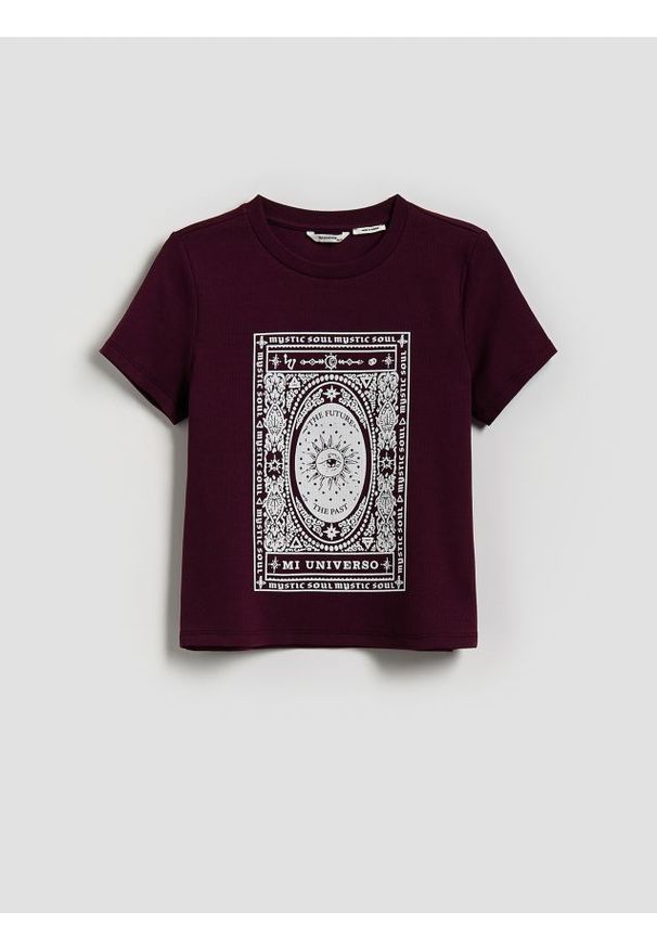 Reserved - Bawełniany t-shirt z nadrukiem - bordowy. Kolor: czerwony. Materiał: bawełna. Wzór: nadruk