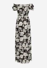 Born2be - Czarno-Biała Sukienka z Wiskozy Typu Hiszpanka z Marszczonym Dekoltem Yelbia. Typ kołnierza: dekolt hiszpanka. Kolor: czarny. Materiał: wiskoza. Wzór: kwiaty #4