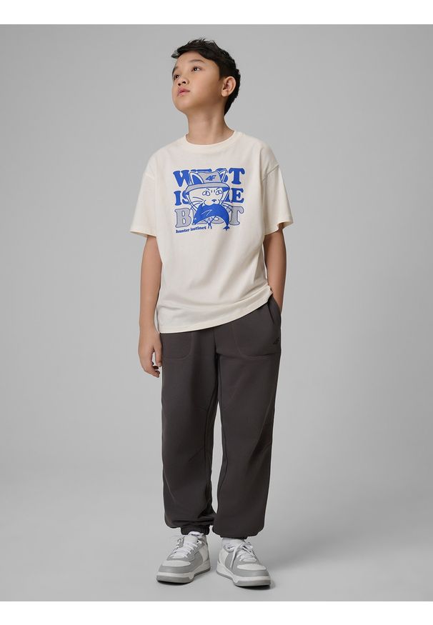 4f - 4F T-shirt loose z nadrukiem chłopięcy - biały 122 (6-7 lat). Okazja: na uczelnię, na co dzień. Kolor: biały. Materiał: materiał, bawełna, dzianina. Wzór: nadruk. Sezon: lato. Styl: casual