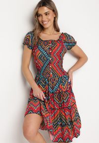 Born2be - Czerwona Sukienka Bawełniana Hiszpanka w Stylu Boho Raelinora. Typ kołnierza: dekolt hiszpanka. Kolor: czerwony. Materiał: bawełna. Styl: boho