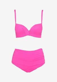 Born2be - Różowe Bikini Biustonosz na Cienkich Regulowanych Ramiączkach Majtki z Wysokim Stanem i Marszczeniem Ninamarie. Stan: podwyższony. Kolor: różowy. Wzór: aplikacja #6