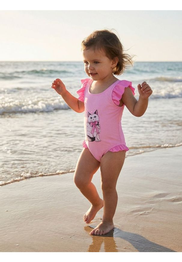 Sinsay - Strój kąpielowy z kokardą na plecach i falbankami - różowy. Kolor: różowy