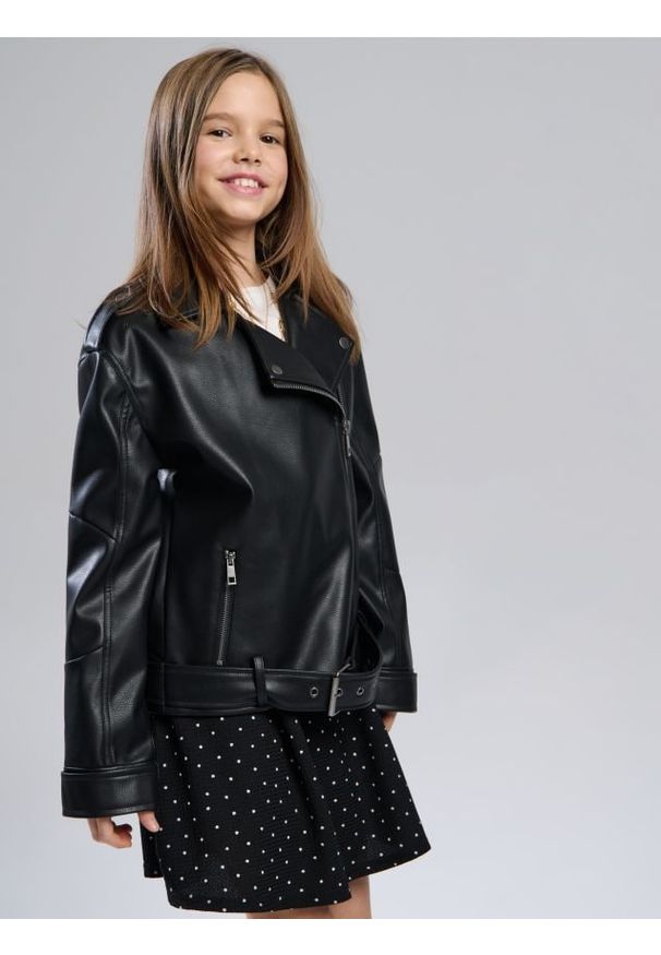 Sinsay - Kurtka ramoneska z imitacji skóry - czarny. Kolor: czarny. Materiał: skóra