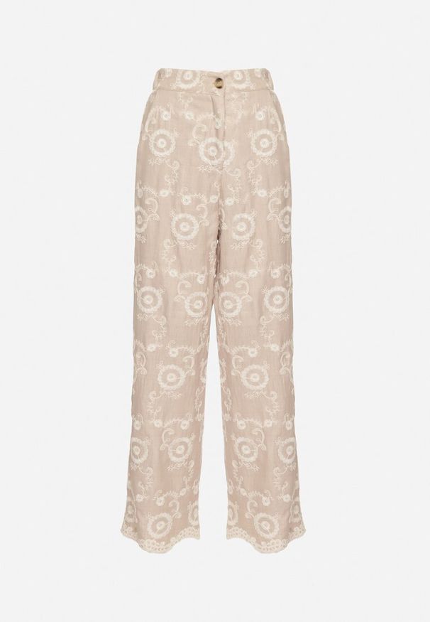 Born2be - Beżowe Szerokie Spodnie z Wysokim Stanem i Haftem Tulsedi. Okazja: na co dzień. Stan: podwyższony. Kolor: beżowy. Wzór: haft. Sezon: wiosna, lato. Styl: casual, elegancki