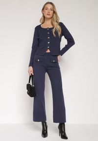 Born2be - Granatowy Dzianinowy Komplet z Wiskozą w Eleganckim Stylu Kardigan i Spodnie Delisana. Kolor: niebieski. Materiał: wiskoza, dzianina #6