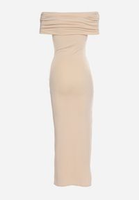 Born2be - Beżowa Sukienka z Wywiniętym Hiszpańskim Dekoltem o Dopasowanym Fasonie Piremia. Okazja: na co dzień. Kolor: beżowy. Materiał: tkanina, skóra. Długość rękawa: bez rękawów. Sezon: lato. Typ sukienki: proste, dopasowane. Styl: casual, klasyczny #2