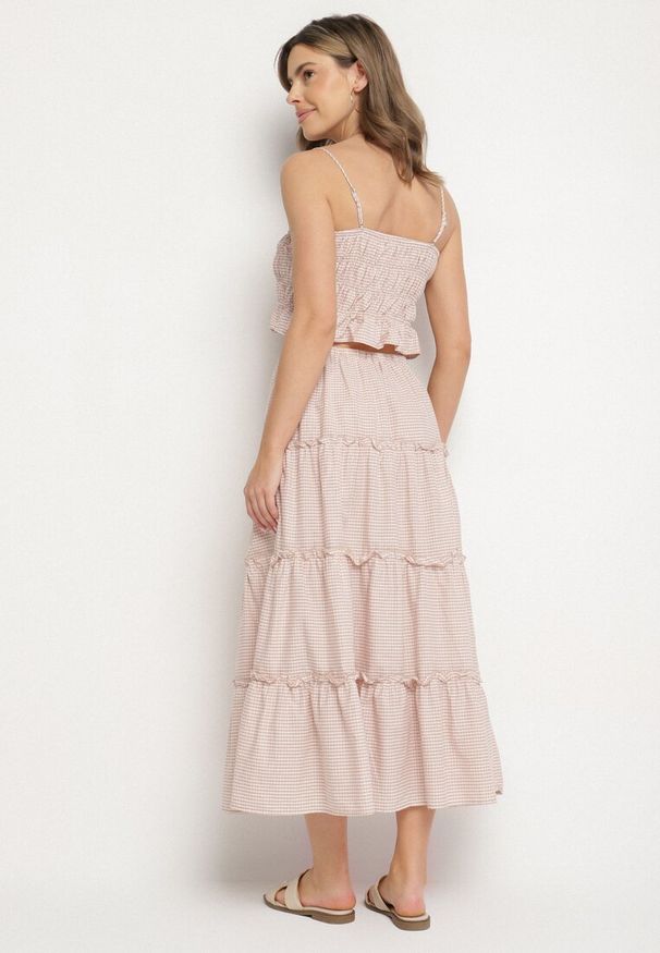 Born2be - Beżowo-Różowy Bawełniany Komplet w Kratkę Vichy Spódnica i Top Frolira. Kolor: beżowy. Materiał: bawełna. Wzór: kratka