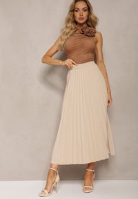 Renee - Beżowa Rozkloszowana Spódnica High Waist z Ozdobnymi Plisami i Gumką w Pasie Veratia. Okazja: na co dzień. Stan: podwyższony. Kolor: beżowy. Materiał: tkanina. Styl: casual, elegancki, wizytowy #3