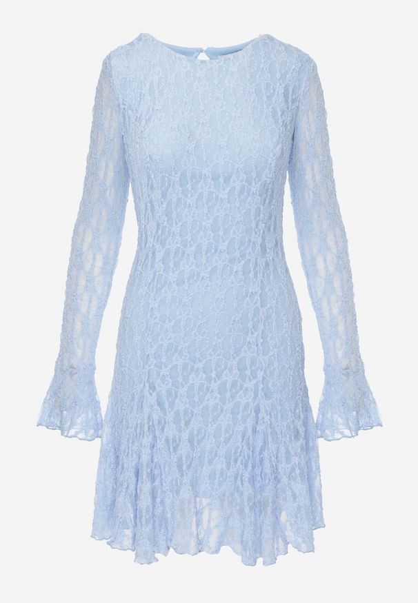 Renee - Niebieska Sukienka z Koronki Ozdobiona Rozkloszowanymi Rękawami Cinalata. Kolor: niebieski. Materiał: koronka. Wzór: aplikacja, koronka. Typ sukienki: rozkloszowane. Styl: elegancki, klasyczny