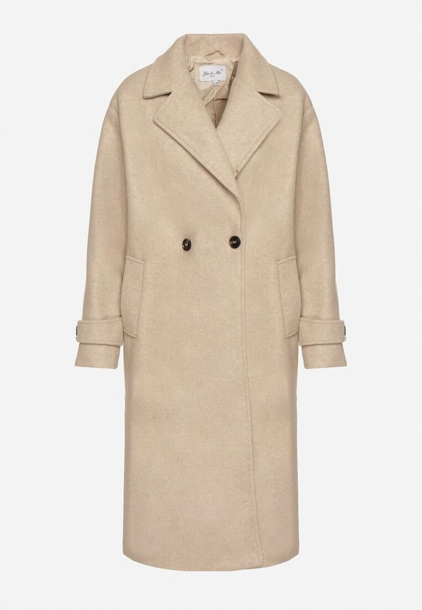 Born2be - Beżowy Dwurzędowy Płaszcz Oversize z Wełny i Wiskozy w Eleganckim Stylu Tiliavia. Okazja: na co dzień. Typ kołnierza: golf. Kolor: beżowy. Materiał: wełna, wiskoza. Wzór: aplikacja. Styl: elegancki