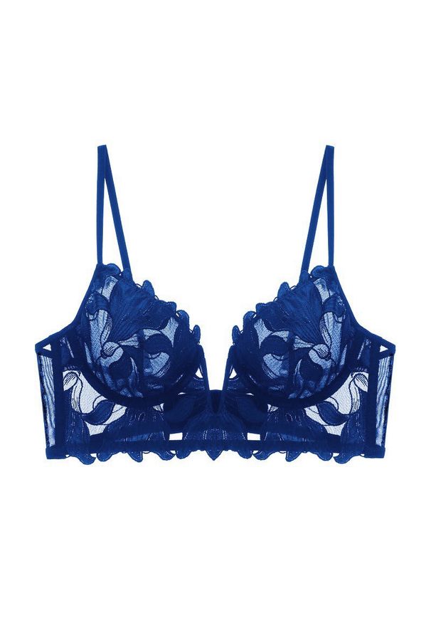 Intica - Koronkowa braletka z fiszbinami regulowane ramiączka elegancki styl Waltraude. Kolor: niebieski. Materiał: koronka. Rodzaj stanika: biustonosz z fiszbinami. Wzór: koronka
