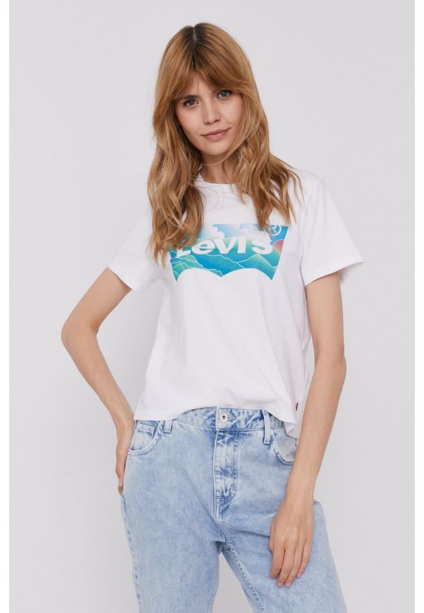 Levi's® - Levi's T-shirt A0458.0004 damski kolor biały. Okazja: na co dzień, na spotkanie biznesowe. Kolor: biały. Materiał: dzianina. Wzór: nadruk. Styl: biznesowy, casual