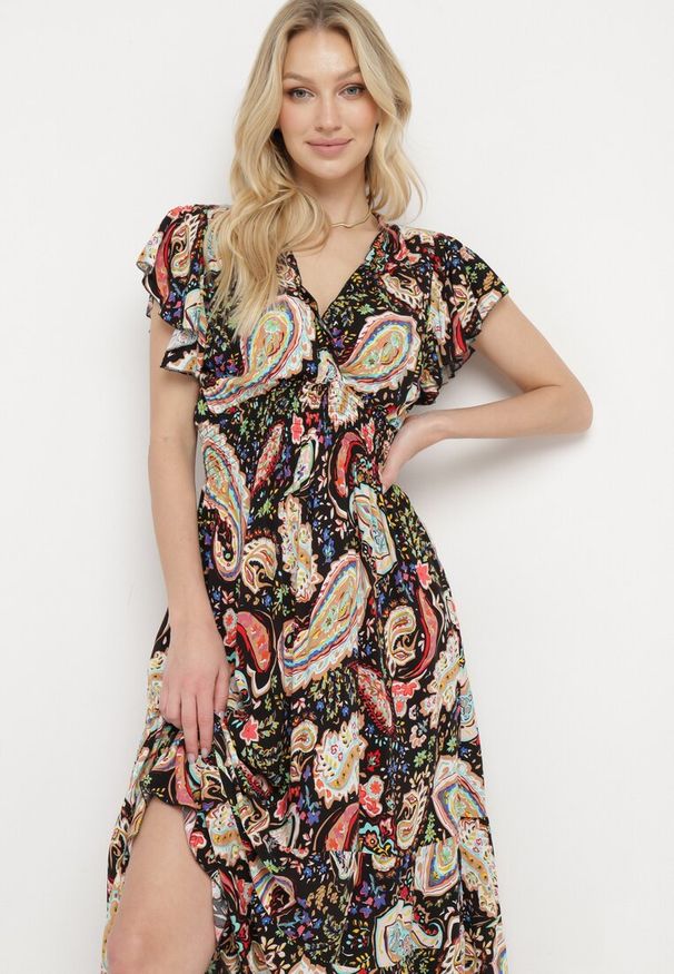 Born2be - Czarna Bawełniana Sukienka Boho z Gumką w Talii i Wzorem Paisley Sirrelia. Kolor: czarny. Materiał: bawełna. Wzór: paisley. Styl: boho