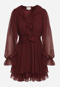 Born2be - Bordowa Rozkloszowana Sukienka z Falbankami i Siateczkowymi Rękawami Zennisa. Okazja: do pracy, na imprezę, na spotkanie biznesowe. Typ kołnierza: kołnierz z falbankami. Kolor: czerwony. Materiał: poliester. Typ sukienki: rozkloszowane. Styl: klasyczny, biznesowy #2