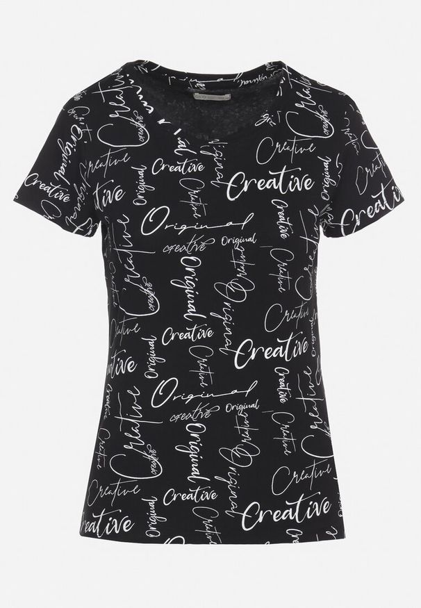 Born2be - Czarny T-shirt z Bawełny Zdobiony Nadrukiem z Napisami Mirindela. Okazja: na co dzień. Kolor: czarny. Materiał: bawełna. Wzór: aplikacja, napisy, nadruk. Styl: klasyczny, elegancki, casual
