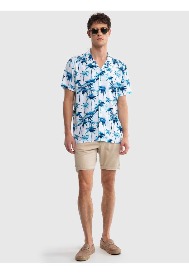 Big-Star - Koszula męska z motywem hawajskim Hawaniso 401. Okazja: na plażę. Typ kołnierza: kolnierz wykładany. Kolor: niebieski. Materiał: tkanina, wiskoza. Wzór: nadruk. Sezon: lato. Styl: wakacyjny