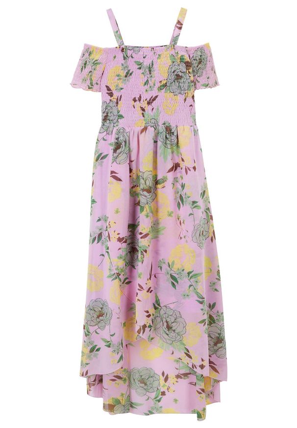 bonprix - Sukienka z dekoltem carmen. Typ kołnierza: typu carmen. Kolor: fioletowy. Długość rękawa: na ramiączkach. Wzór: kwiaty