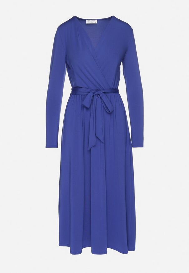 Born2be - Niebieska Sukienka Kopertowa z Wiskozą Wiązana w Talii Drestalia. Okazja: na co dzień. Typ kołnierza: dekolt w kształcie V. Kolor: niebieski. Materiał: wiskoza. Długość rękawa: długi rękaw. Typ sukienki: kopertowe. Styl: casual, klasyczny