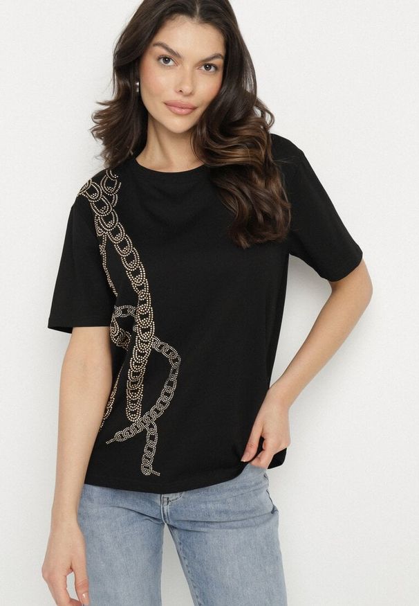 Born2be - Czarny T-shirt Bawełniany z Cyrkoniami Felnella. Okazja: na co dzień. Kolor: czarny. Materiał: bawełna. Styl: elegancki, casual