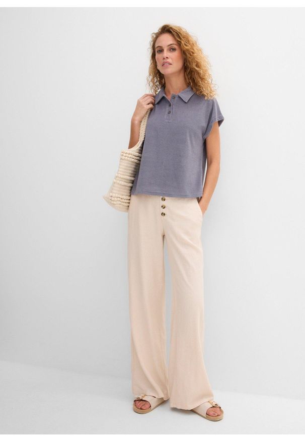 bonprix - Długie spodnie palazzo z domieszką lnu. Kolor: beżowy. Materiał: len. Długość: długie. Styl: elegancki