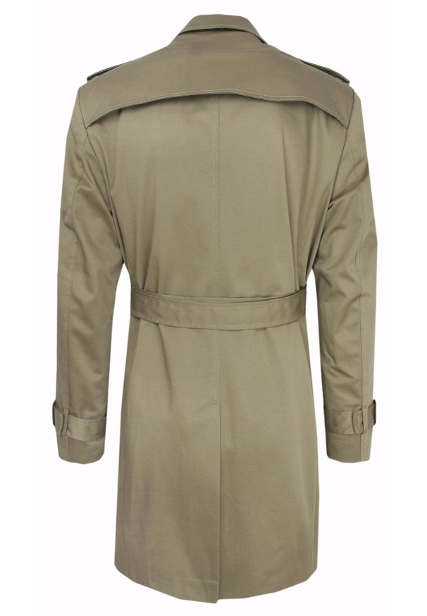 Płaszcz Trencz, Beżowo-Oliwkowy Elegancki, Dwurzędowy, na Guziki, Wiosenno-Jesienny -JaniMen. Kolor: beżowy, brązowy, wielokolorowy. Materiał: poliester, tkanina. Sezon: jesień, wiosna. Styl: elegancki