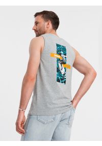 Ombre Clothing - Bawełniany tank top męski z nadrukiem Summer Vibe – szary melanż V3. Okazja: na plażę, na co dzień. Kolor: szary. Materiał: bawełna. Długość rękawa: bez rękawów. Wzór: melanż, nadruk. Sezon: lato. Styl: wakacyjny, sportowy, casual, elegancki