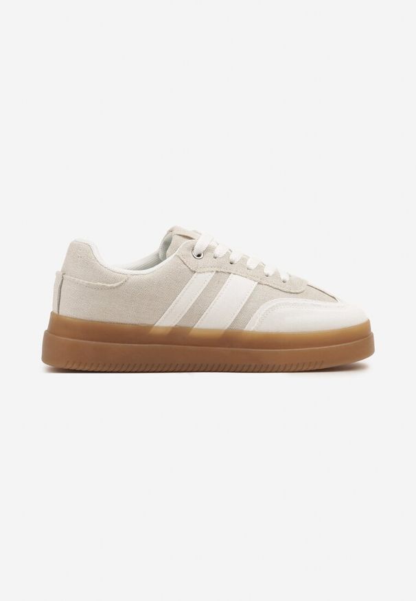 Renee - Biało-Beżowe Sneakersy Tenisówki Ozdobione Paskami Falaviela. Okazja: na co dzień. Zapięcie: pasek. Kolor: biały. Materiał: skóra, jeans, materiał. Wzór: aplikacja