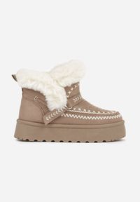 Renee - Ciemnobeżowe Śniegowce na Platformie z Futerkiem i Haftowanym Wzorem Celatusa. Okazja: na co dzień. Kolor: beżowy. Materiał: futro. Wzór: haft. Sezon: zima. Obcas: na platformie. Styl: casual #6